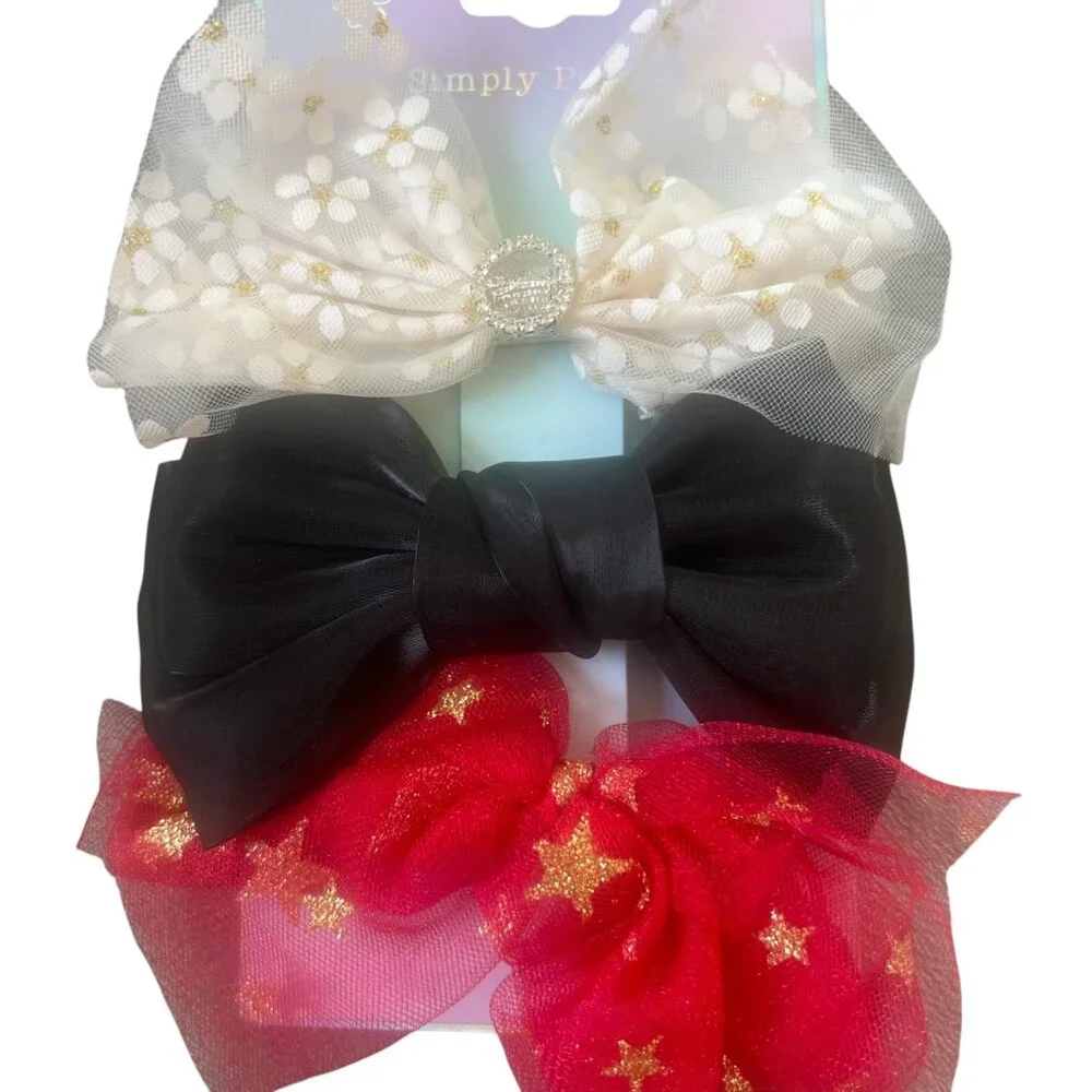 Simply Petals Hair Bows Clips White Floral Black Red Gold Stars Tulle 4.5